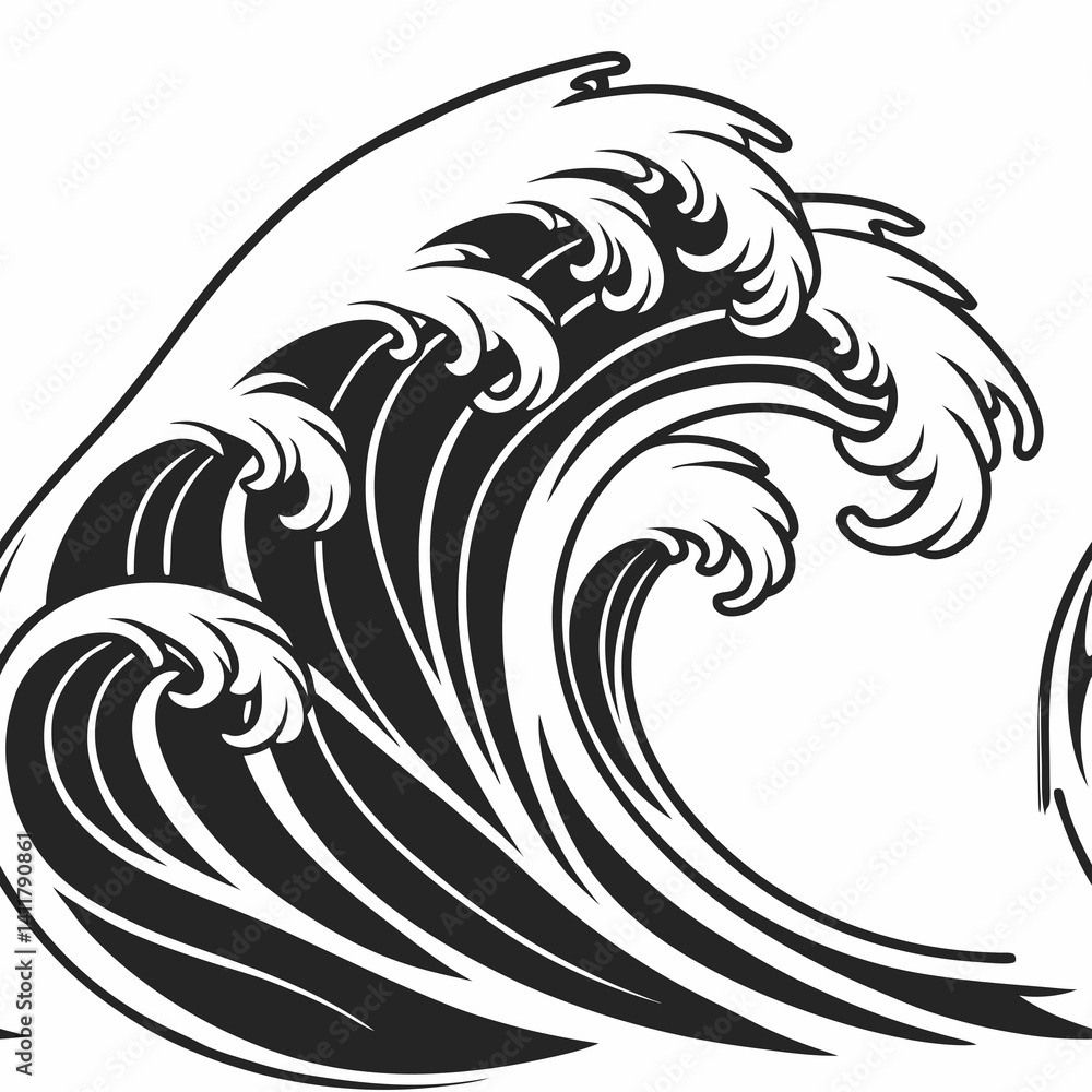 Poster seamless vector pattern of stylized ocean waves in black