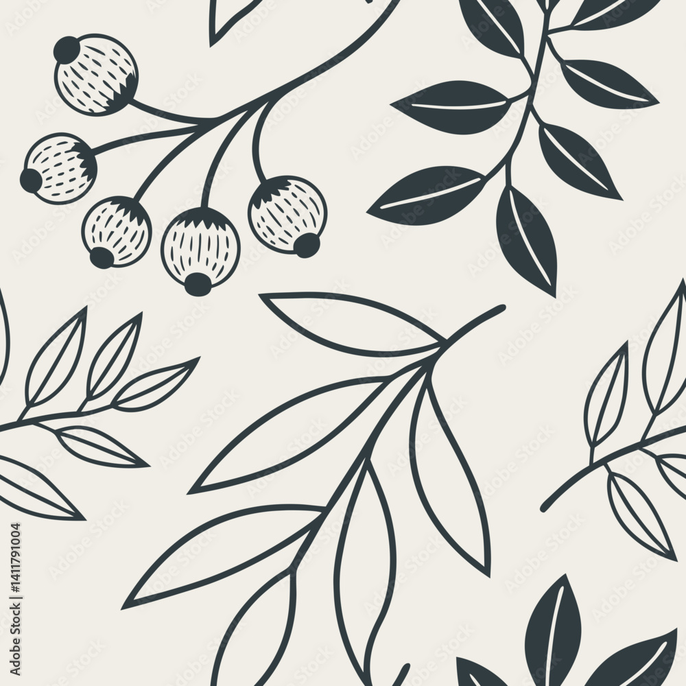 Aufkleber seamless vector pattern of botanical leaves and berries on cream background