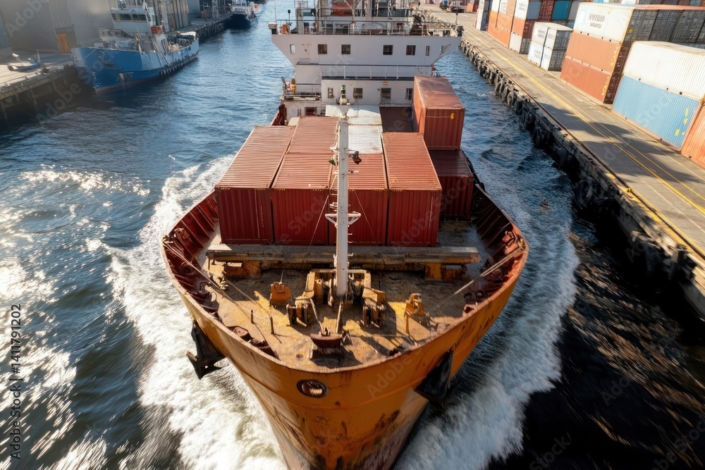 Poster Aerial view of a container ship navigating through a narrow canal, lined with docks and colorful cargo containers. The ship is carrying red containers. Water is turquoise. There are ships in the