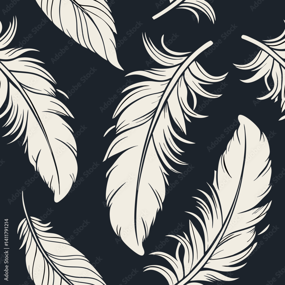 Poster seamless vector pattern of graceful feathers on a dark background