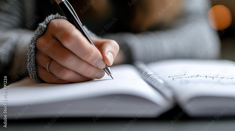 Poster close up shot of a hand holding a writing utensil and writing in a notebook. the scene is brightly l