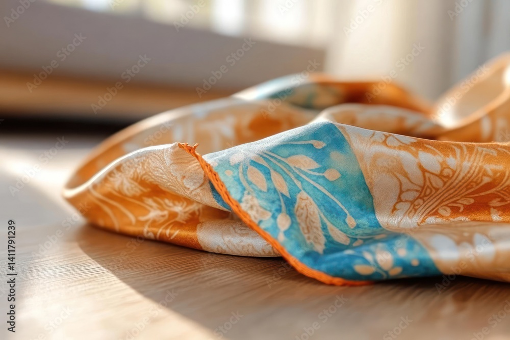 Poster an eye-level close-up captures a folded light orange fabric with teal and white floral patterns, res