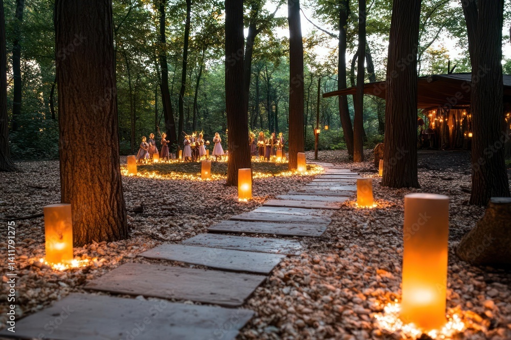 Aufkleber A path made of stone slabs leads through a forest, lined with glowing orange lanterns. In the background, people are gathered near a wooden structure, also illuminated with lights, creating a warm