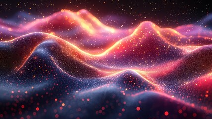 Vibrant abstract landscape of glowing waves and sparkling particles, evoking a sense of depth and wonder, perfect for tech and creative projects.