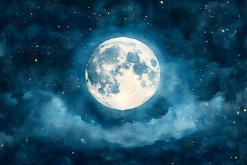 Fototapeta premium Painting of a full moon in the night sky. The painting is in shades of blue and white, with the moon taking up most of the canvas. The stars are scattered throughout the sky