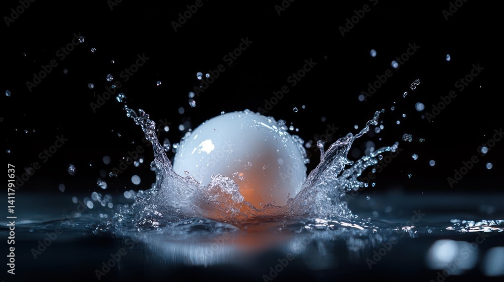 Poster A dynamic high-speed shot captures a white sphere impacting water, creating a splash. The sphere is centered with water droplets spraying outwards. The backdrop is a solid black, which accentuates