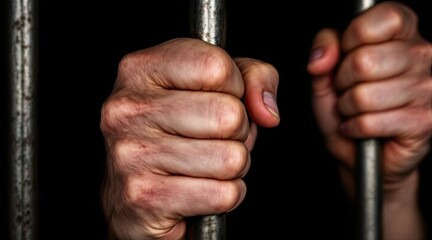 A close-up of hands gripping prison bars, symbolizing confinement and restriction.