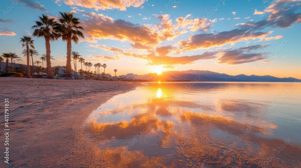 Poster a serene beach scene at sunset features calm water reflecting the colorful sky and setting sun. palm