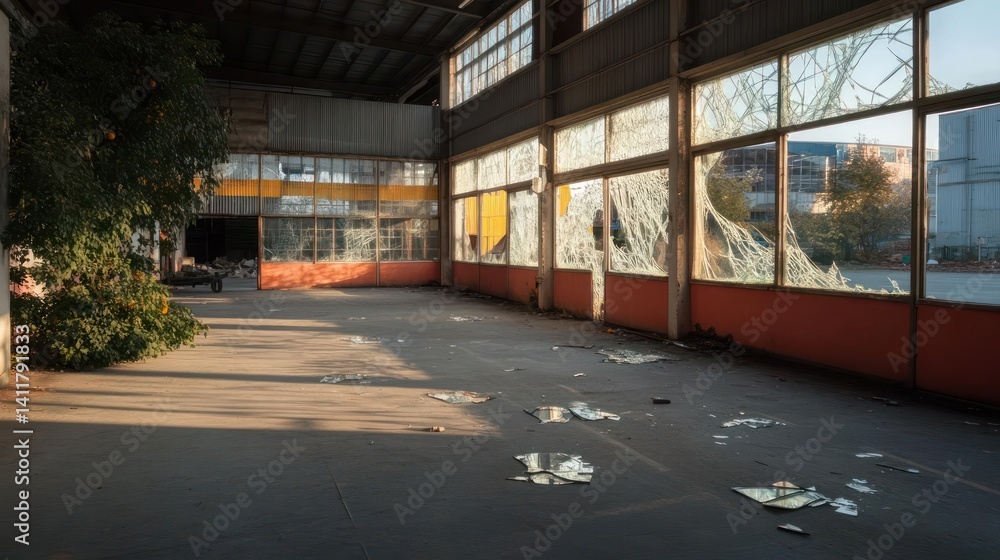 Poster sunlight streams through broken windows in a derelict warehouse with orange accents. debris litters 