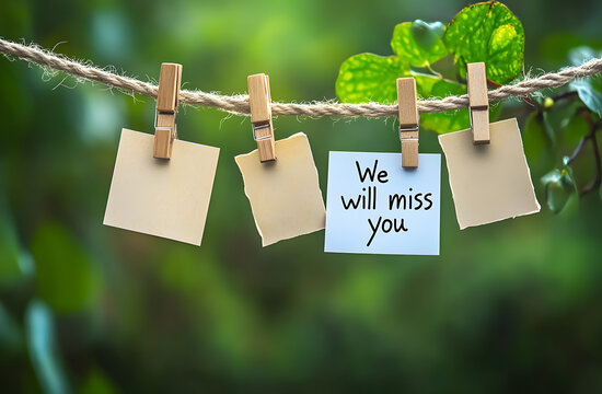 Message We will miss you written on white paper, hung with clothespins on rope. Concept of farewell, leaving, good bye note. Blurred green nature background. Love message, farewell concept.
