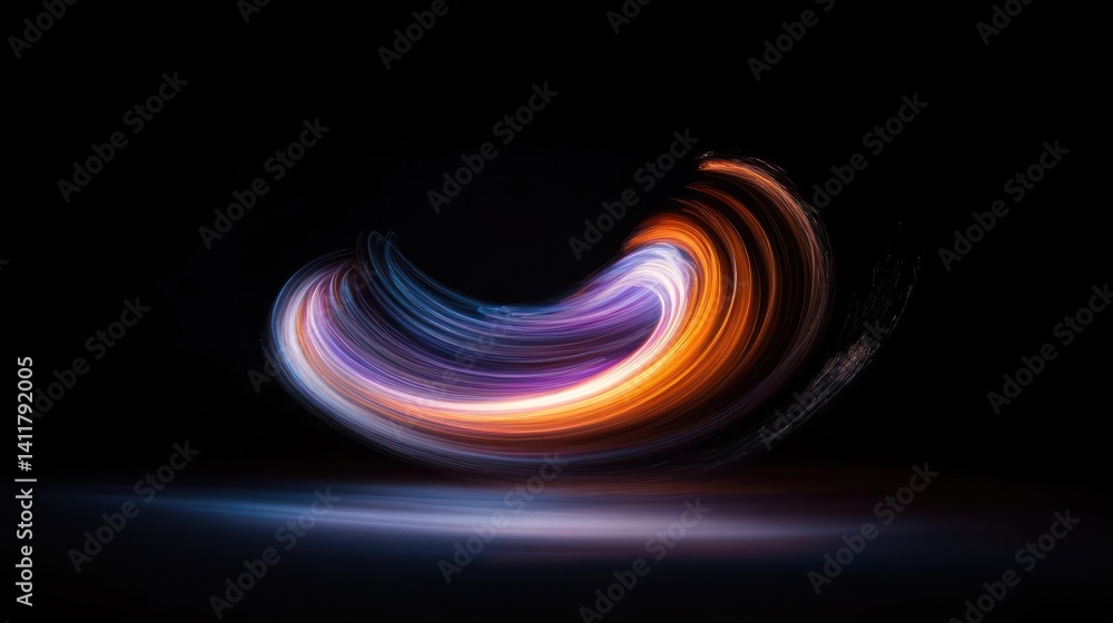 Aufkleber A striking abstract image features a dynamic, curved swirl of light trails against a stark black background. The light morphs from vibrant oranges to cool blues, creating a sense of motion and