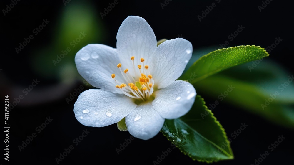 Poster a close-up of a white flower with a yellow center, adorned with water droplets on its petals. the fl