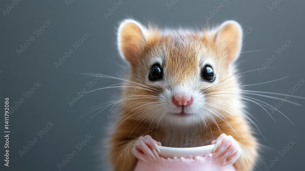 Poster a close up shot portrays an adorable golden brown mouse with curious, dark eyes and delicate paws cl