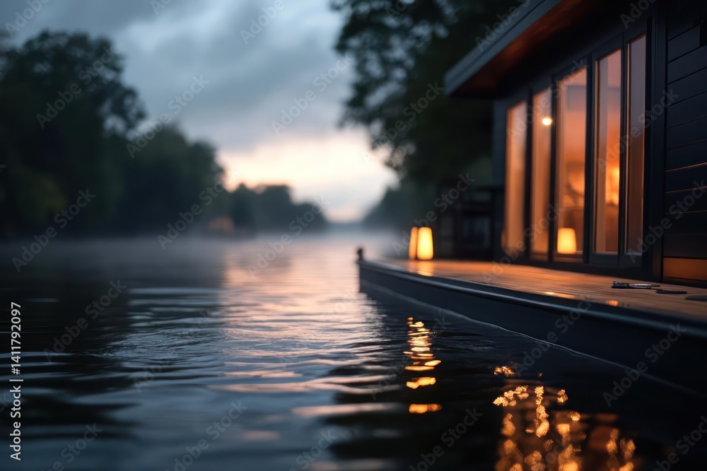 Poster a house on a serene lake at dusk, with warm light glowing through the windows. fog drifts across the
