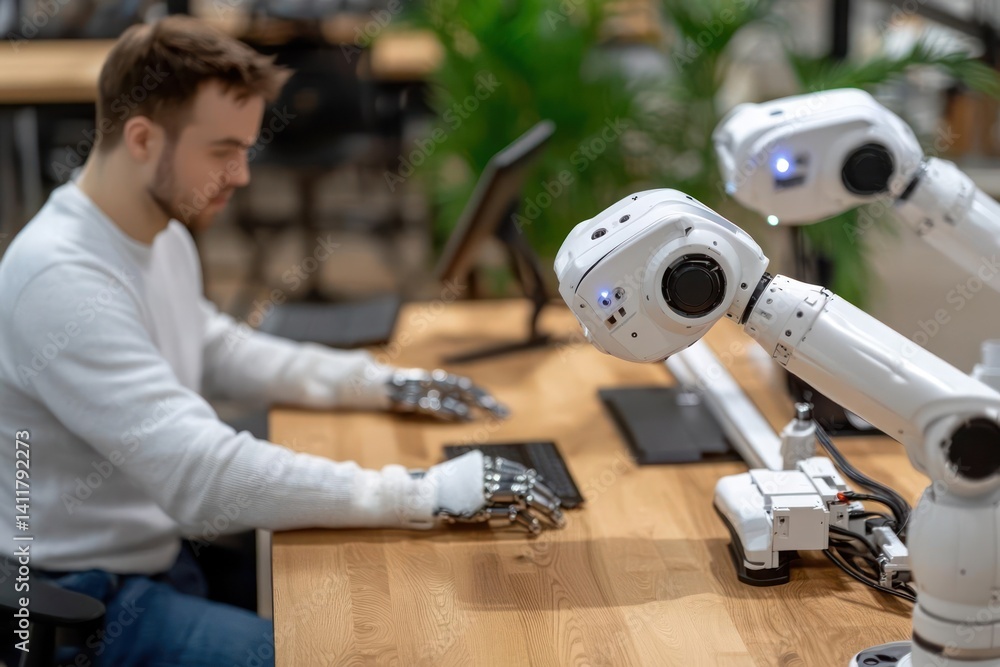 Aufkleber a young man works at a wooden desk, with his hands replaced by robotic prosthetics. next to him, a r