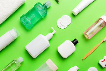 Mockup for bathing products top view flat lay, spa razor, toothpaste, soap, gel and other various accessories. Cosmetics for skin health. Bath Mockup for your logo