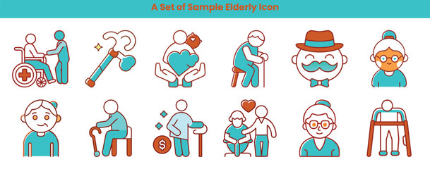 Fototapeta premium Elderly Icons Set, Senior Symbols, Aging Signs, Flat Design, Vibrant Color, Vector