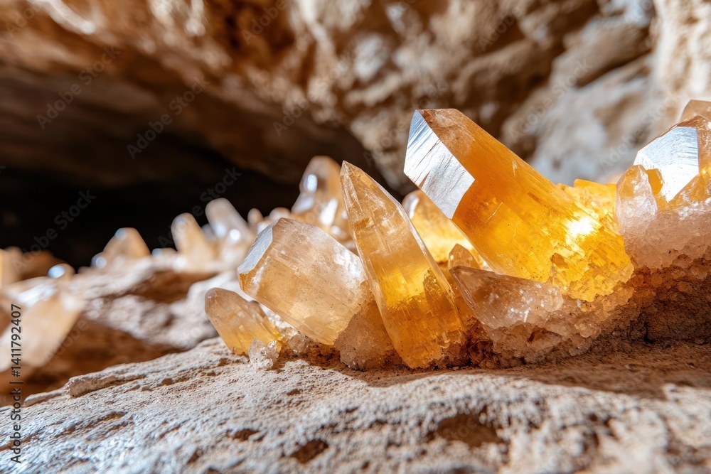 Leinwandbilder macro shot of a cluster of yellowish-white calcite crystals with sharp points and crystalline struct