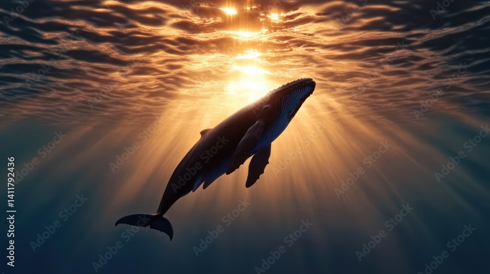 Aufkleber a serene underwater scene captures a whale gracefully swimming with sun rays penetrating the surface