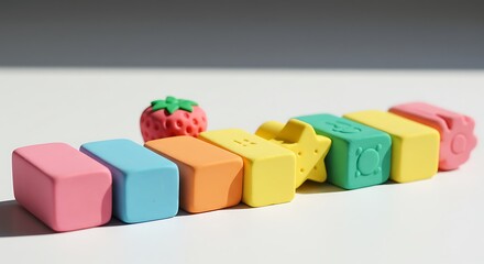 Naklejka premium Pastel Rainbow Blocks: Playful, Soft-Colored Building Blocks with Fruit Shapes
