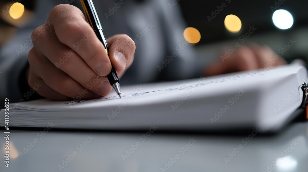 Poster a close-up shot features a hand delicately holding a black pen, poised over a pristine white noteboo