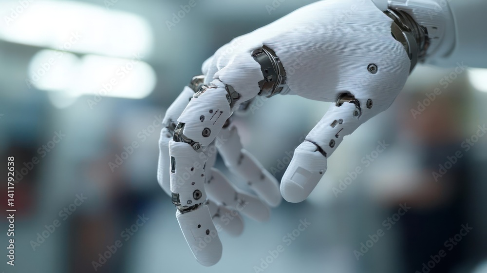 Poster close-up shot showcases a futuristic white robotic arm with intricate metallic joints, set against a