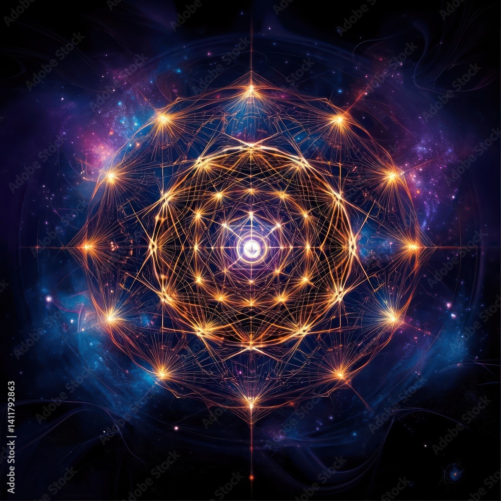 Poster geometric abstract illustration featuring an intricate, glowing orange pattern against a dark blue a