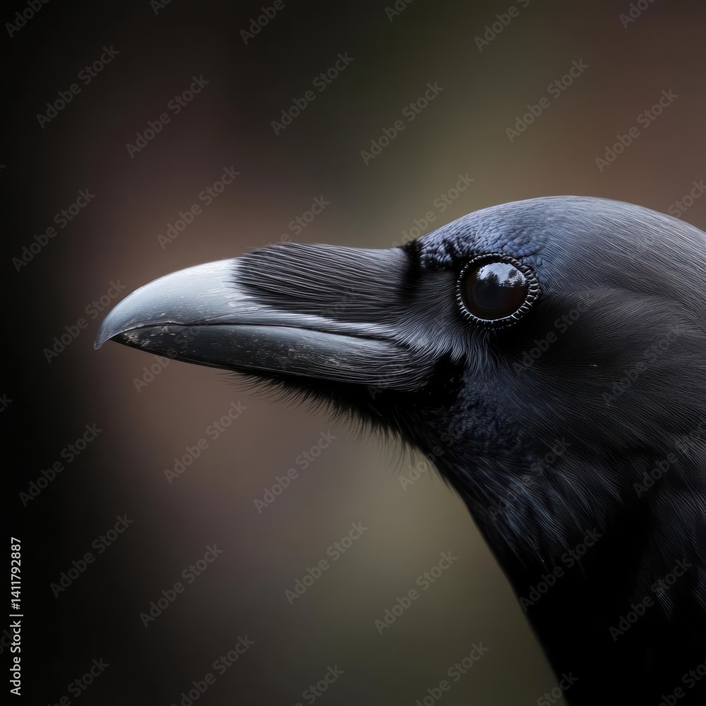 Poster a striking close up profile of a black crow against a blurred dark brown background, highlighting th
