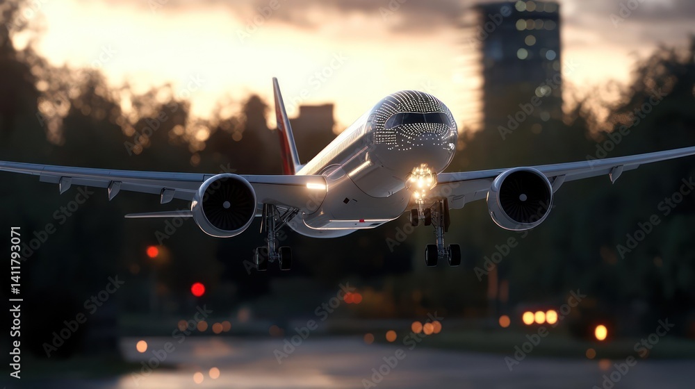 Poster a view of an airplane at dusk, positioned for landing with city buildings in the blurred background.