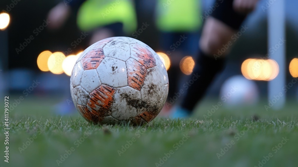 Aufkleber a soccer ball sits on the green grass field, illuminated by bokeh lights in the background. a blurre