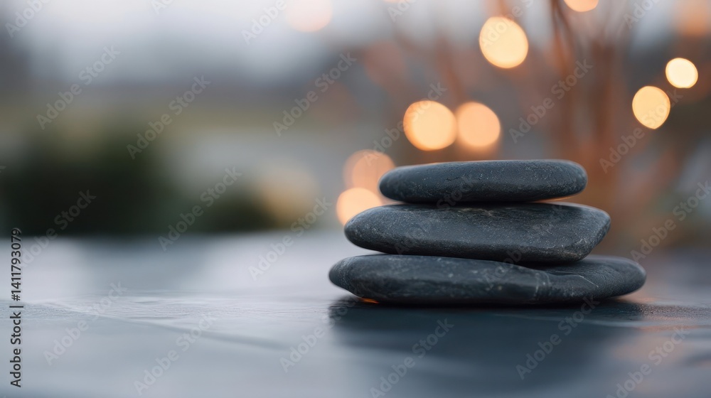 Poster stack of three smooth, wet, dark gray stones in focus, balanced on a sleek gray surface. bokeh effec