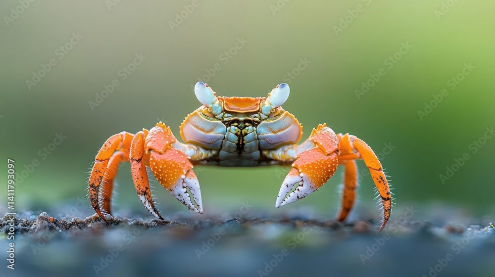 Poster close-up shot of an orange land crab with spotted claws sitting on a dark textured surface against a