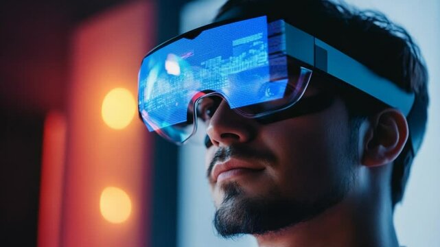 Man immersed in virtual reality experience wearing high tech VR headset indoors