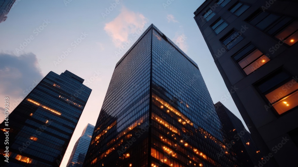 Aufkleber low angle shot showcasing modern office buildings at dusk, featuring illuminated windows, reflecting