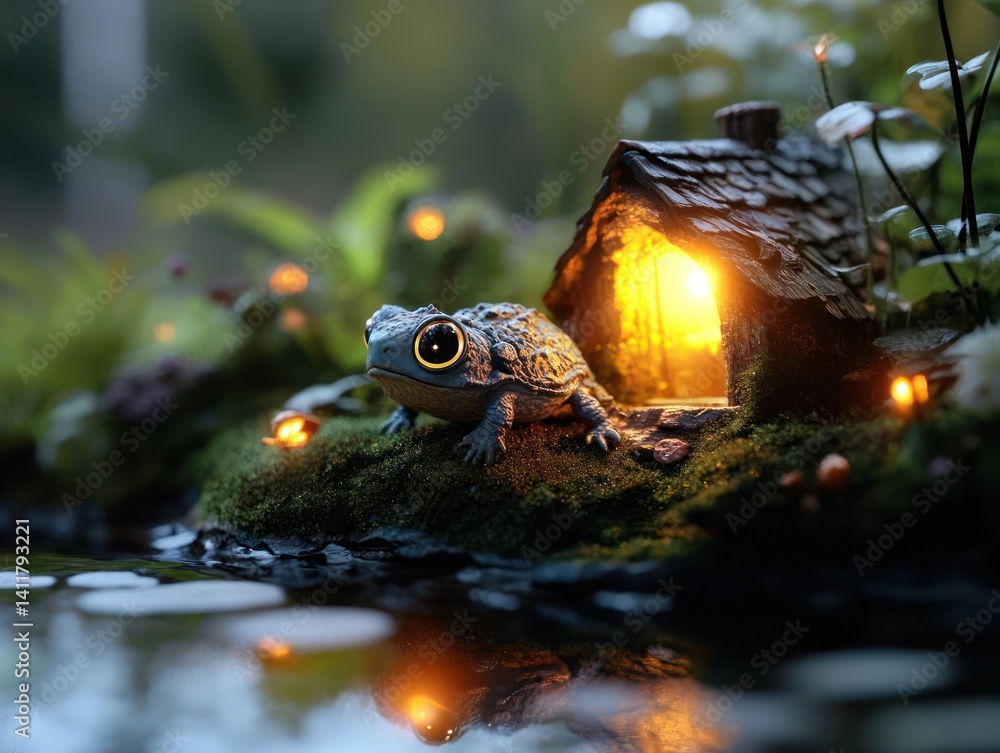 Poster a serene scene features a speckled frog perched in front of a tiny, warmly lit house nestled among l