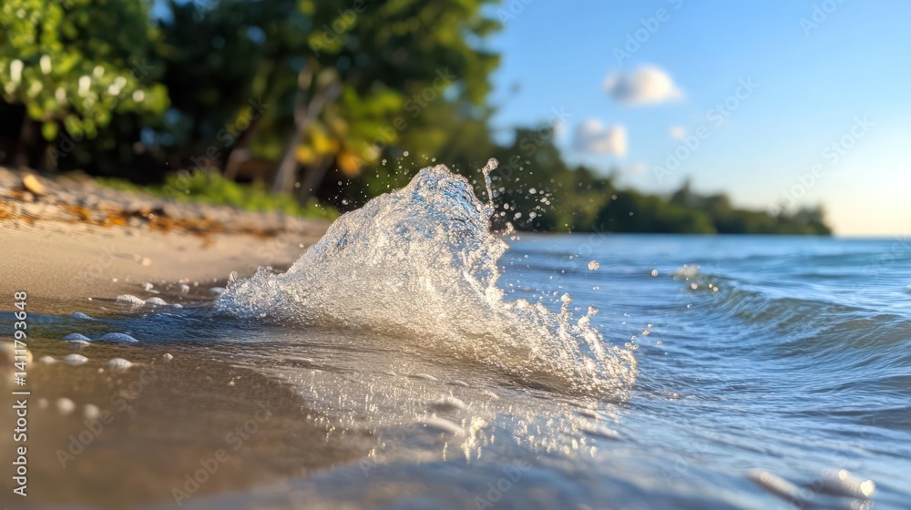 Poster close-up shot captures water splashing on a sandy beach with the ocean and green trees in the backgr