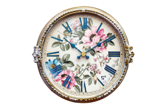 A vintage-style clock adorned with floral patterns showcasing vibrant colors hanging on a wall in a bright, sunlit room isolated on transparent background