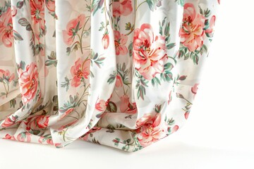 Delicate floral fabric drapes softly, capturing light and creating a serene atmosphere in an elegant indoor setting isolated on transparent background