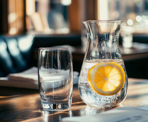 a photograph of a table in an expensive restaurant with a carafe of water with lemon inside and a clear glass on it