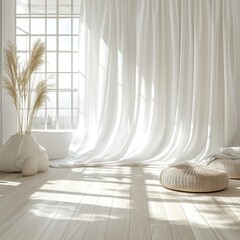 Soft natural light illuminates an elegant interior with curtains and decor