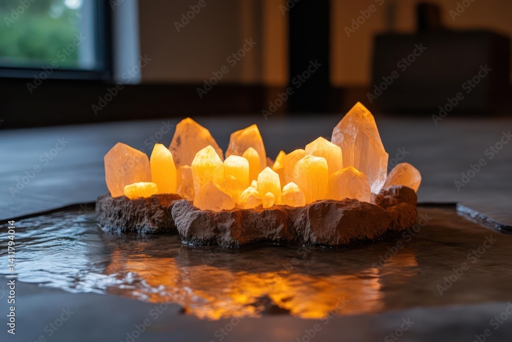 Leinwandbilder Close-up of glowing crystals on a textured base reflected in water. The light emphasizes their structure against a dark background, creating a focal point. There is a soft light shining through a