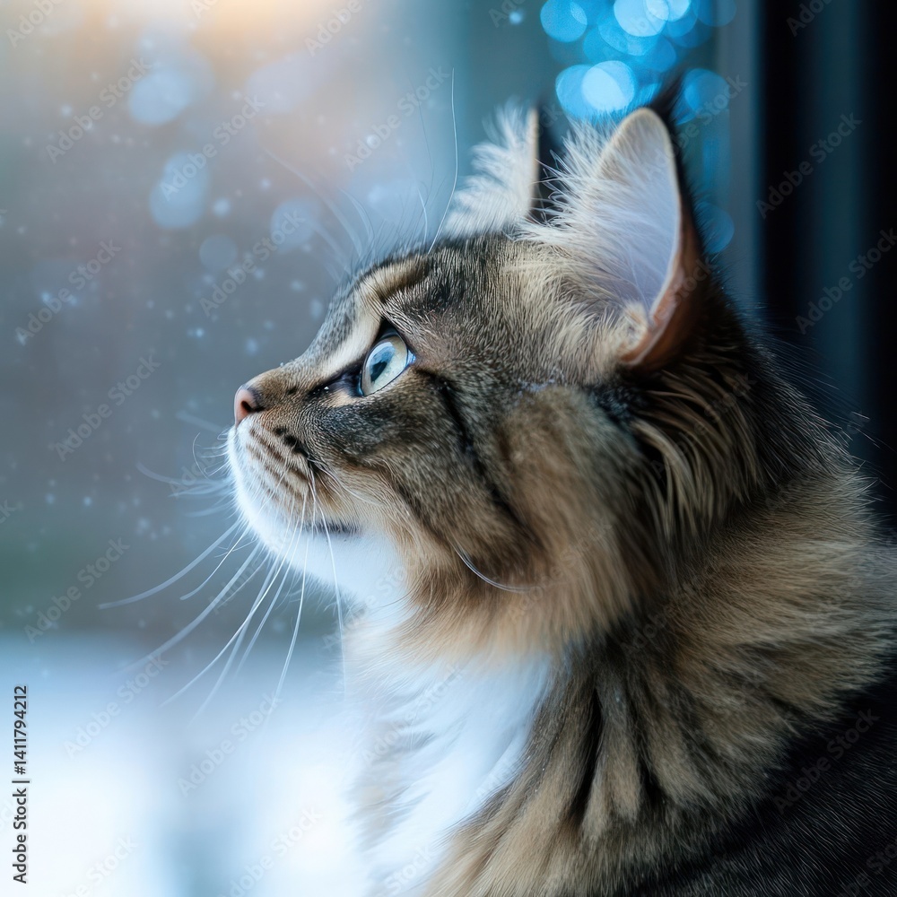 Aufkleber close-up of a brown and tabby cat with piercing blue eyes, captured in a side profile. the serene ba