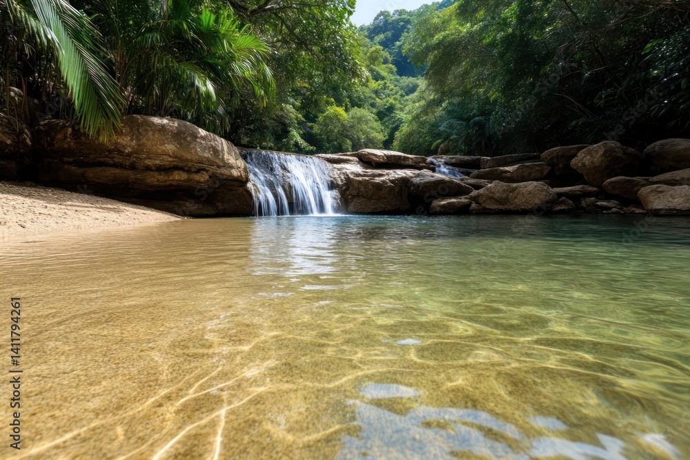 Aufkleber A serene view of a small waterfall cascading into a clear, shallow pool surrounded by lush greenery. Sunlight filtering through the trees creates shimmering patterns on the bottom of the pool