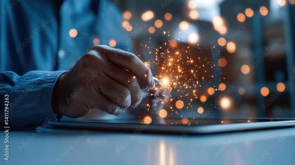 Poster Close up of a hand using a digital tablet against a dark background with floating glowing orbs. The person is wearing a blue shirt. The table is white. Focus on technology and connectivity