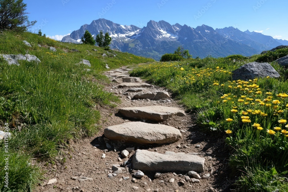 Poster rocky steps in a dirt path leading to snow capped mountain range. path is surrounded by greenery and