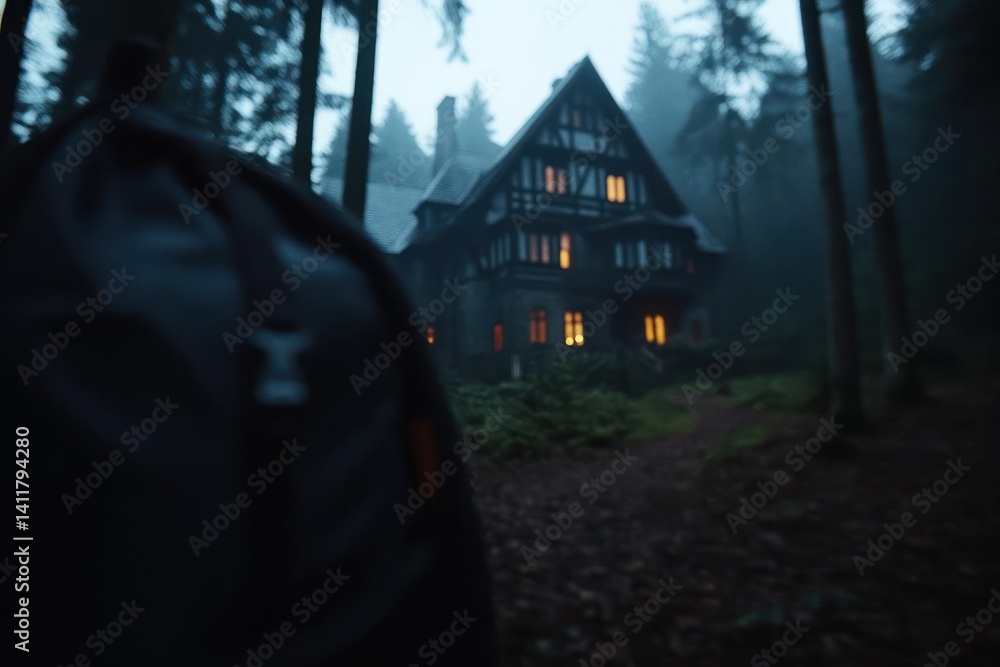 Poster a dark shot of a building in the forest with lit windows at night, seen from the perspective of some