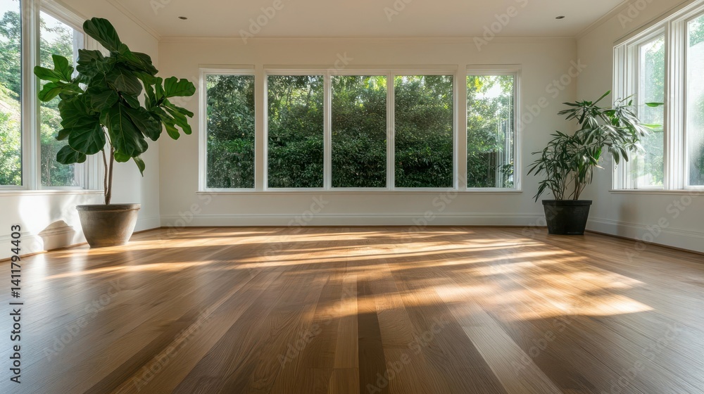 Poster sunlit empty room with wooden floor, featuring two potted plants beside large windows overlooking lu