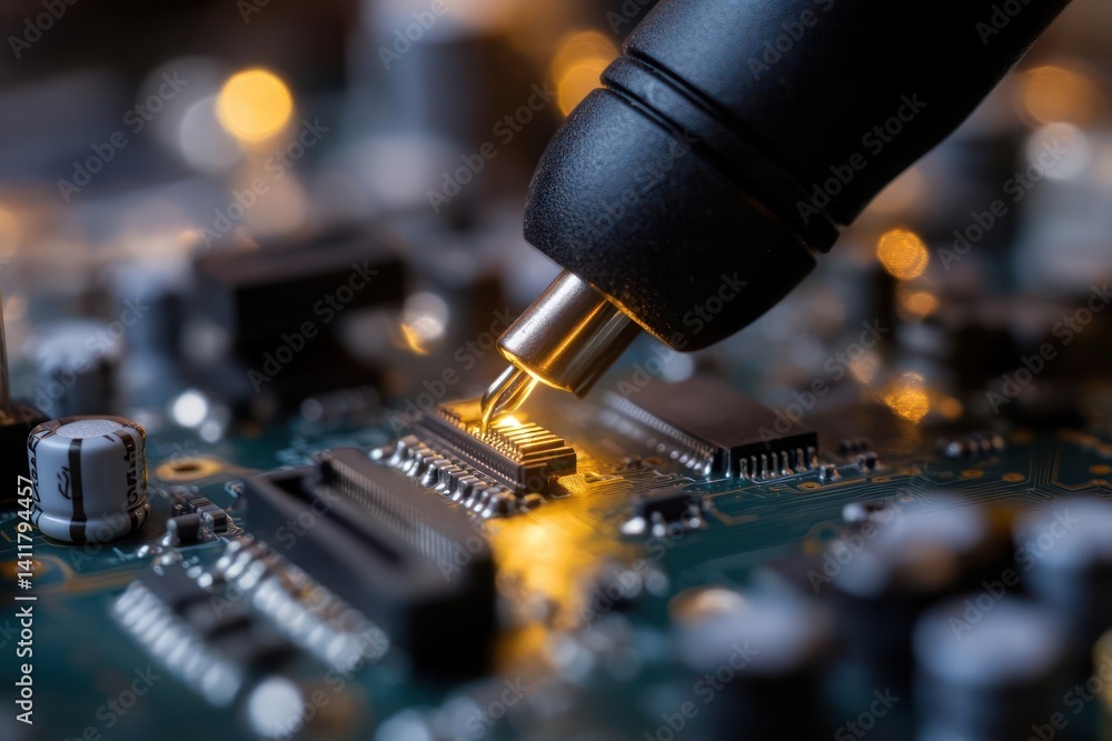 Poster Macro shot of a soldering iron tip applying solder to a microchip on a green circuit board. The background is blurred with bokeh lights, highlighting the precision and delicate nature of electronics