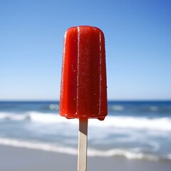A vibrant red popsicle with no ice cream inside, on the beach in California