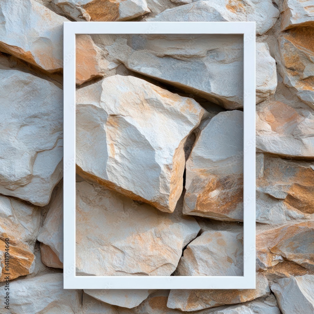 Poster Image showcases a white rectangular frame against a textured stone wall, featuring neutral tones with hints of beige and brown. The arrangement highlights the contrast between the smooth frame and